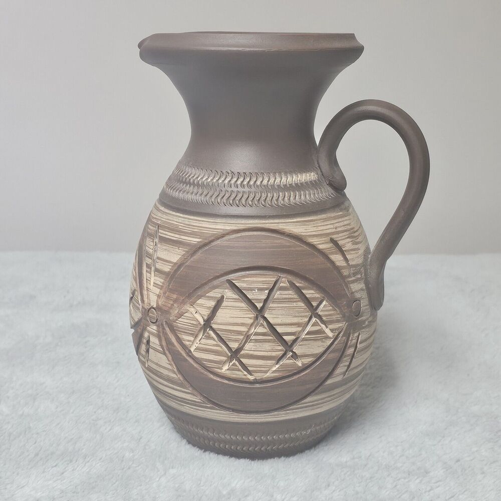 German Stoneware Vase jug Carved Marked Handarbeit Handmade Vintage